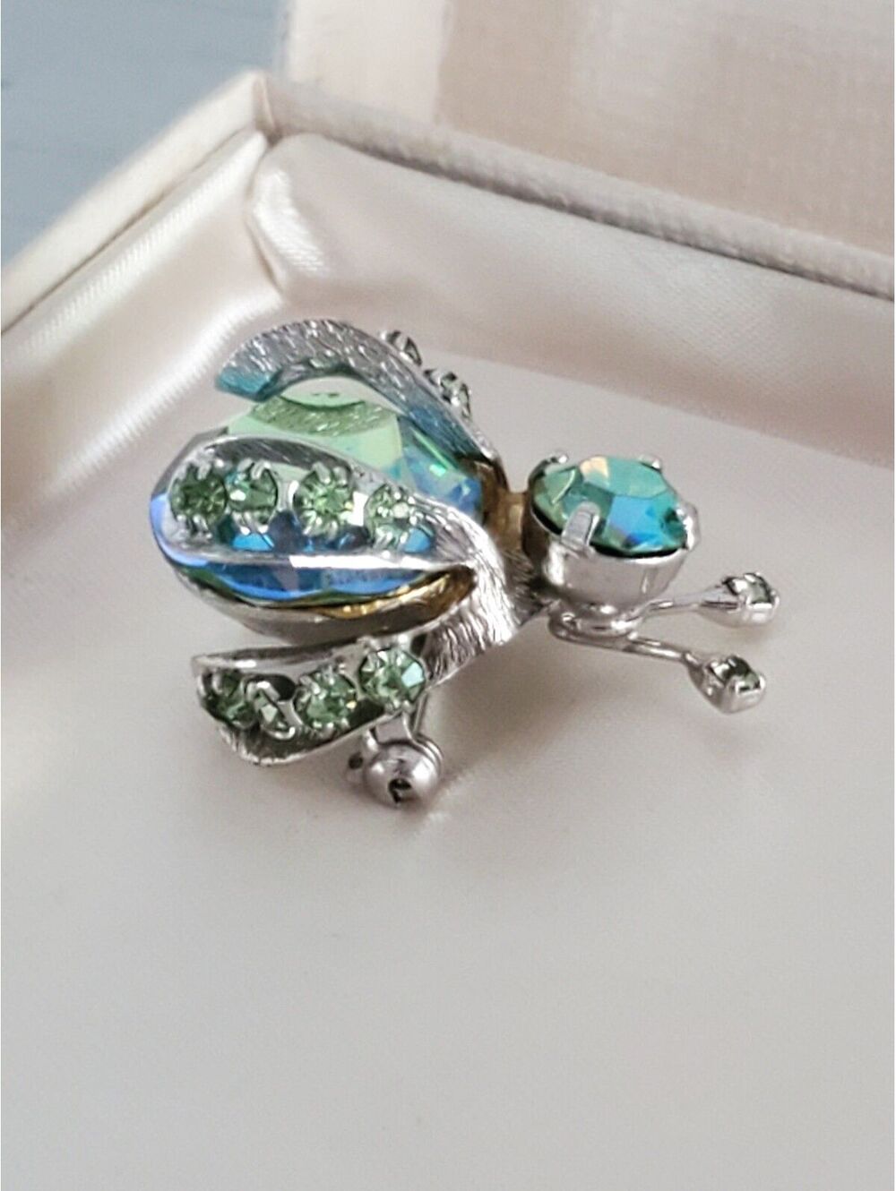Vintage Signed Warner Green Aurora Borealis Ladybug Rhinestone Brooch